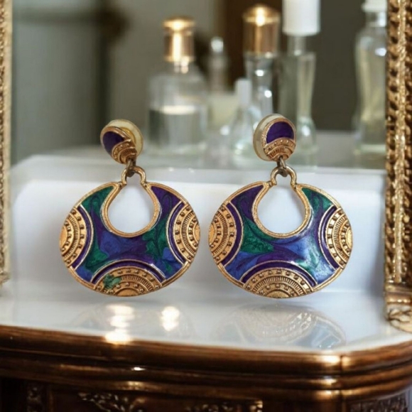 Jewelry - Vintage Gold Purple and Green Post Earrings